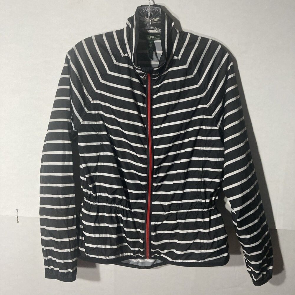 L-RL LAUREN ACTIVE black white striped light weight zip up wind breaker jacket S